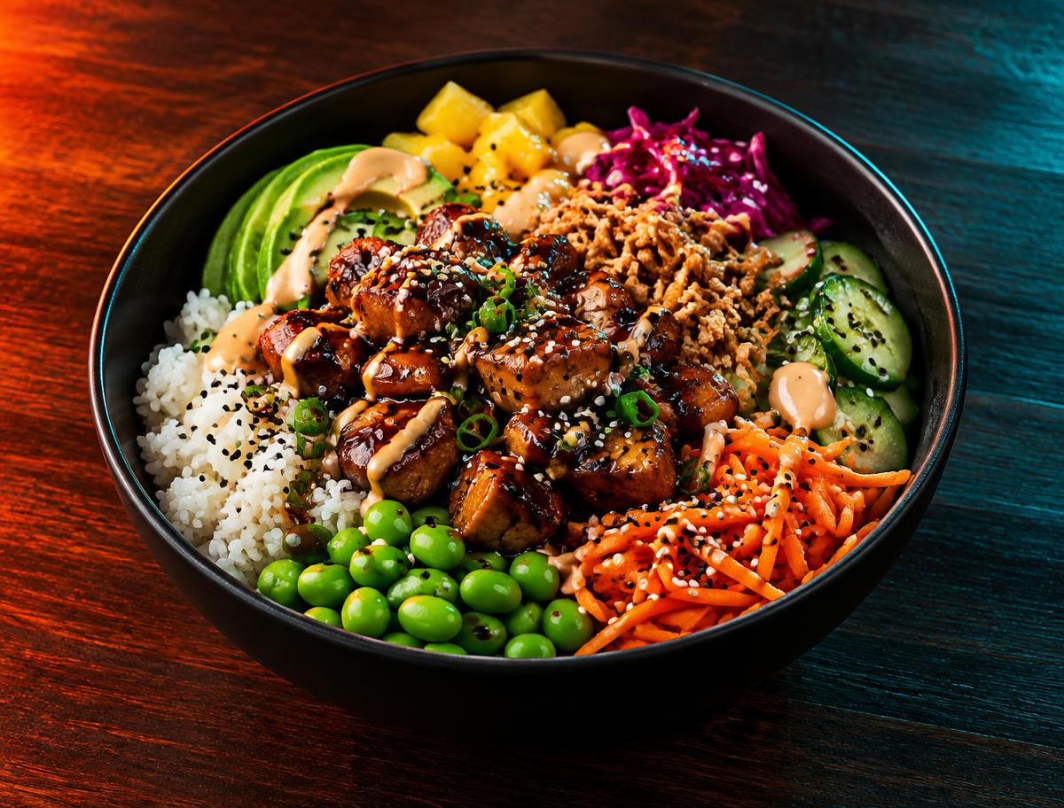 Custom chicken teriyaki bowl with colorful toppings