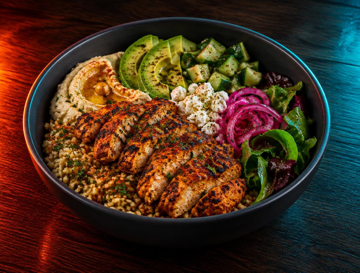 Harissa chicken bowl with seasoned rice, hummus, avocado, cucumber, feta, and greens